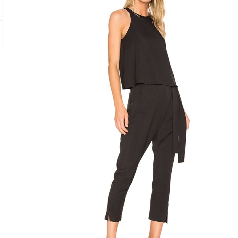 NWT Halston Heritage Black high neck Flounce Jumpsuit size 0